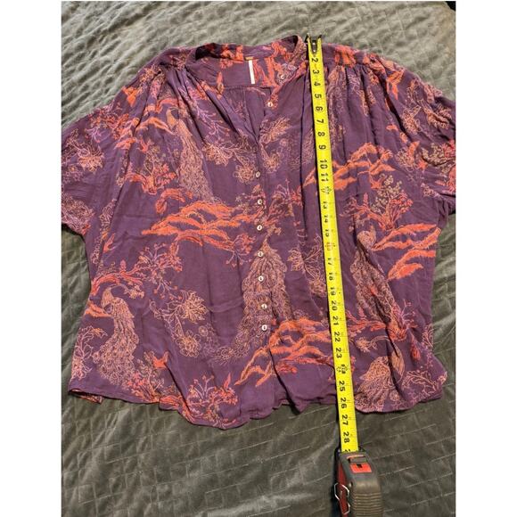 Free People Blouse, Button Down, Oversized, Peacock Print, Purple, Size Small - Picture 10 of 10